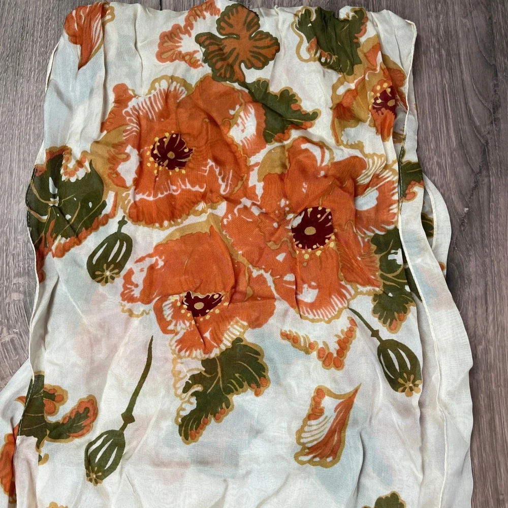 Zazou Floral Poppy Scarf Womens Orange Cream Sheer Rayon Rectangular Boho Wrap